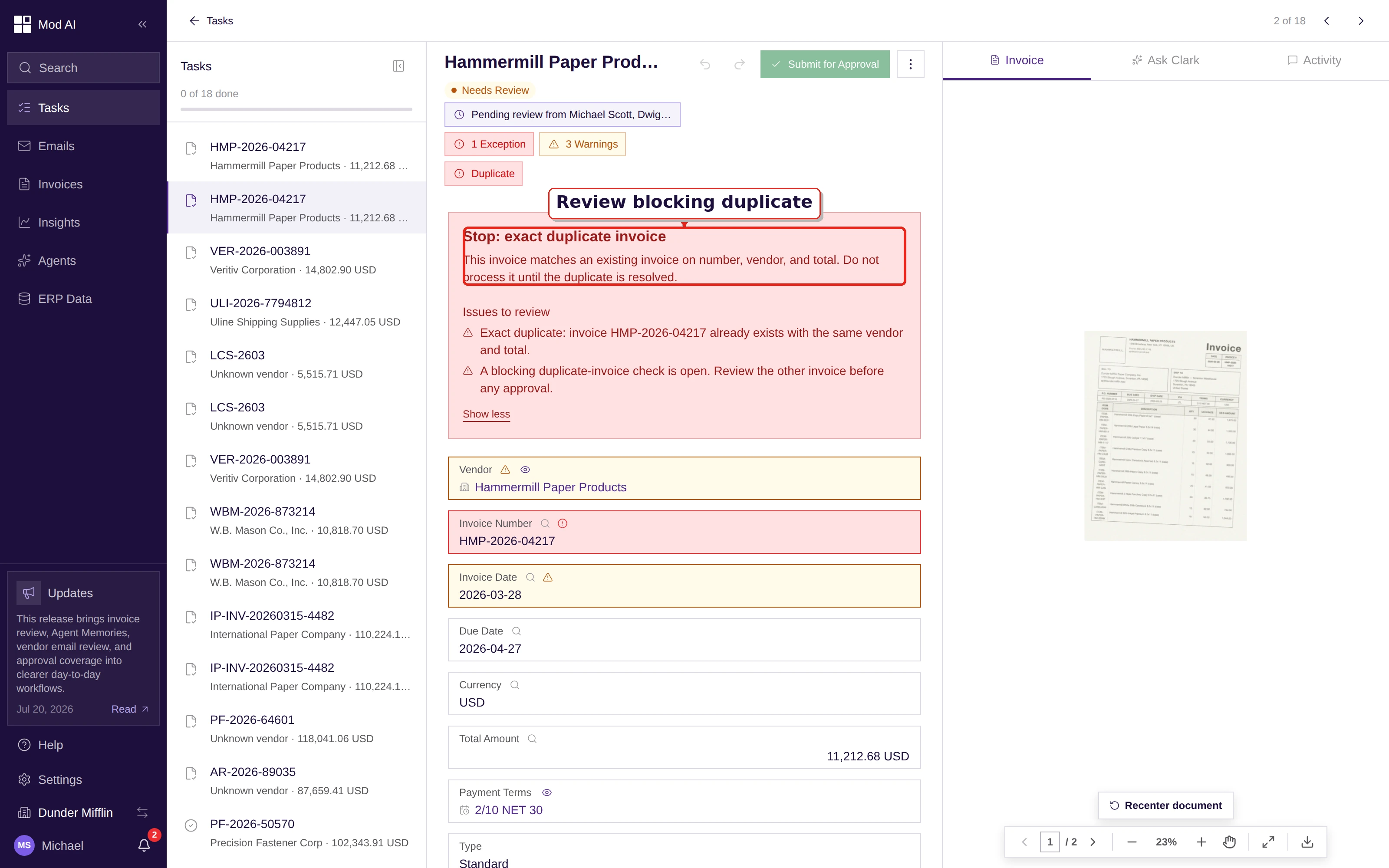 A red Stop recommendation expanded to show its blocking duplicate-invoice issues