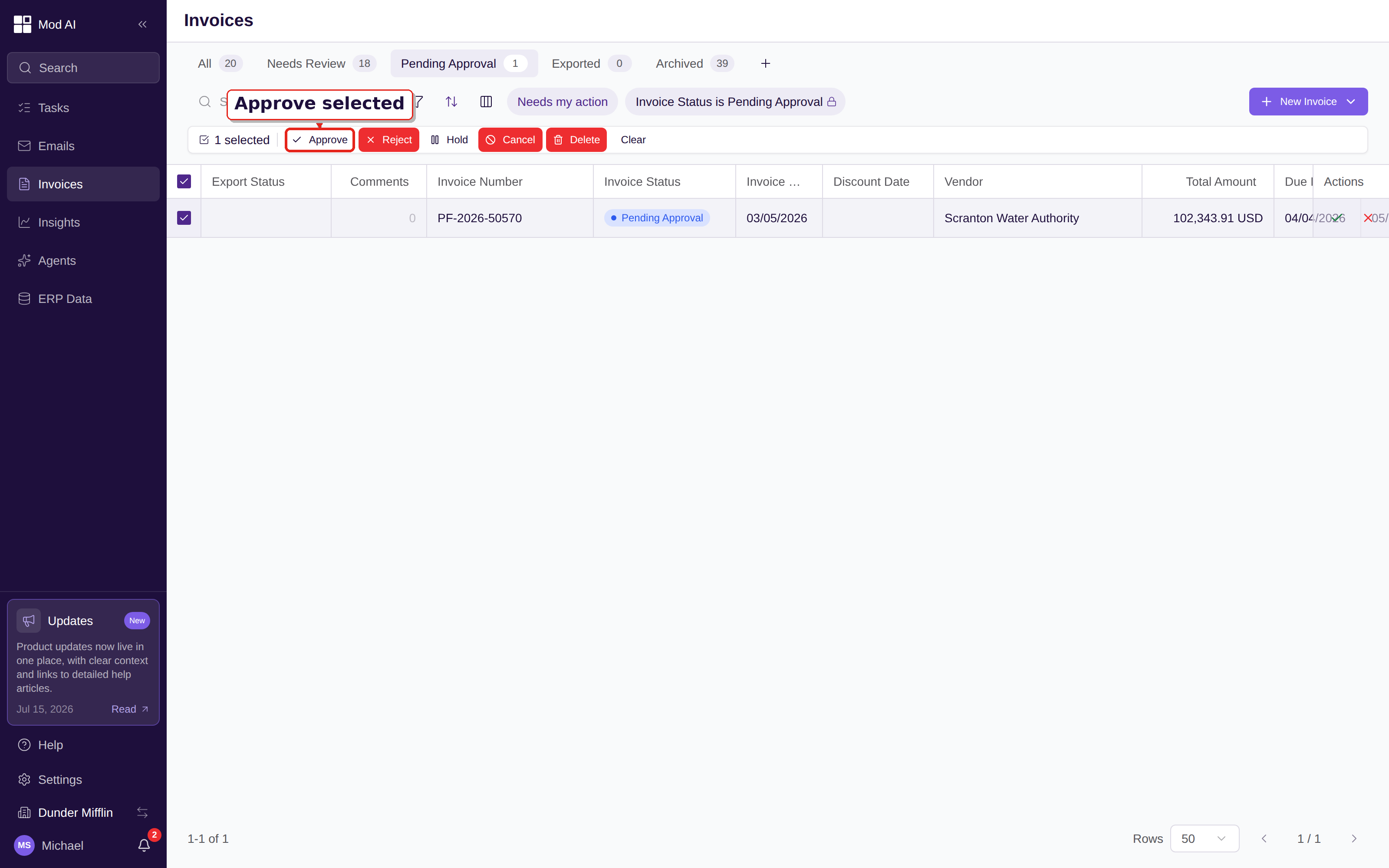 Invoice backlog with one pending approval selected and the Approve action called out
