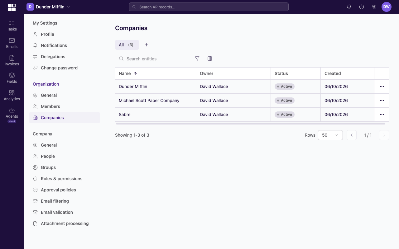 Organization Companies page showing the list of entities under the organization