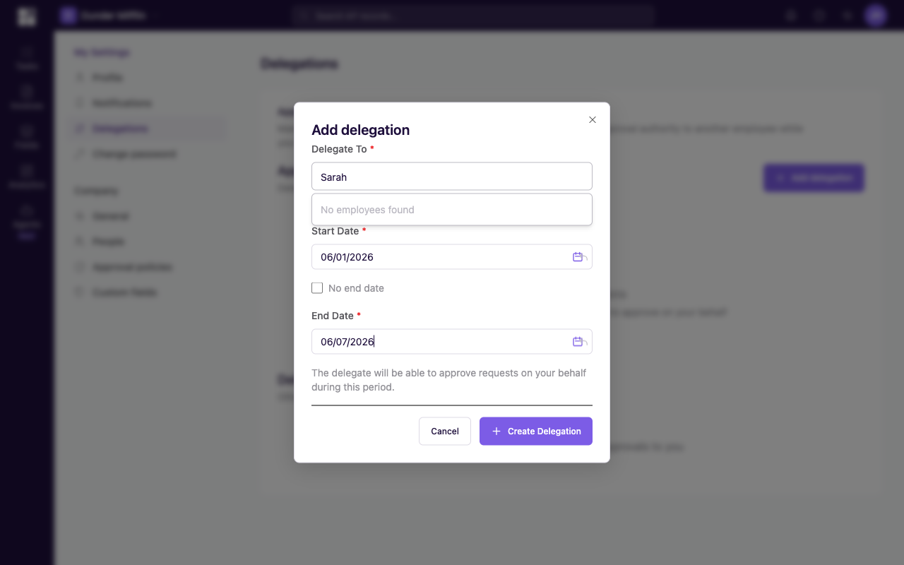Add Delegation dialog with Sarah typed in Delegate To, a one-week date range filled in, and a purple Create Delegation button at the bottom-right