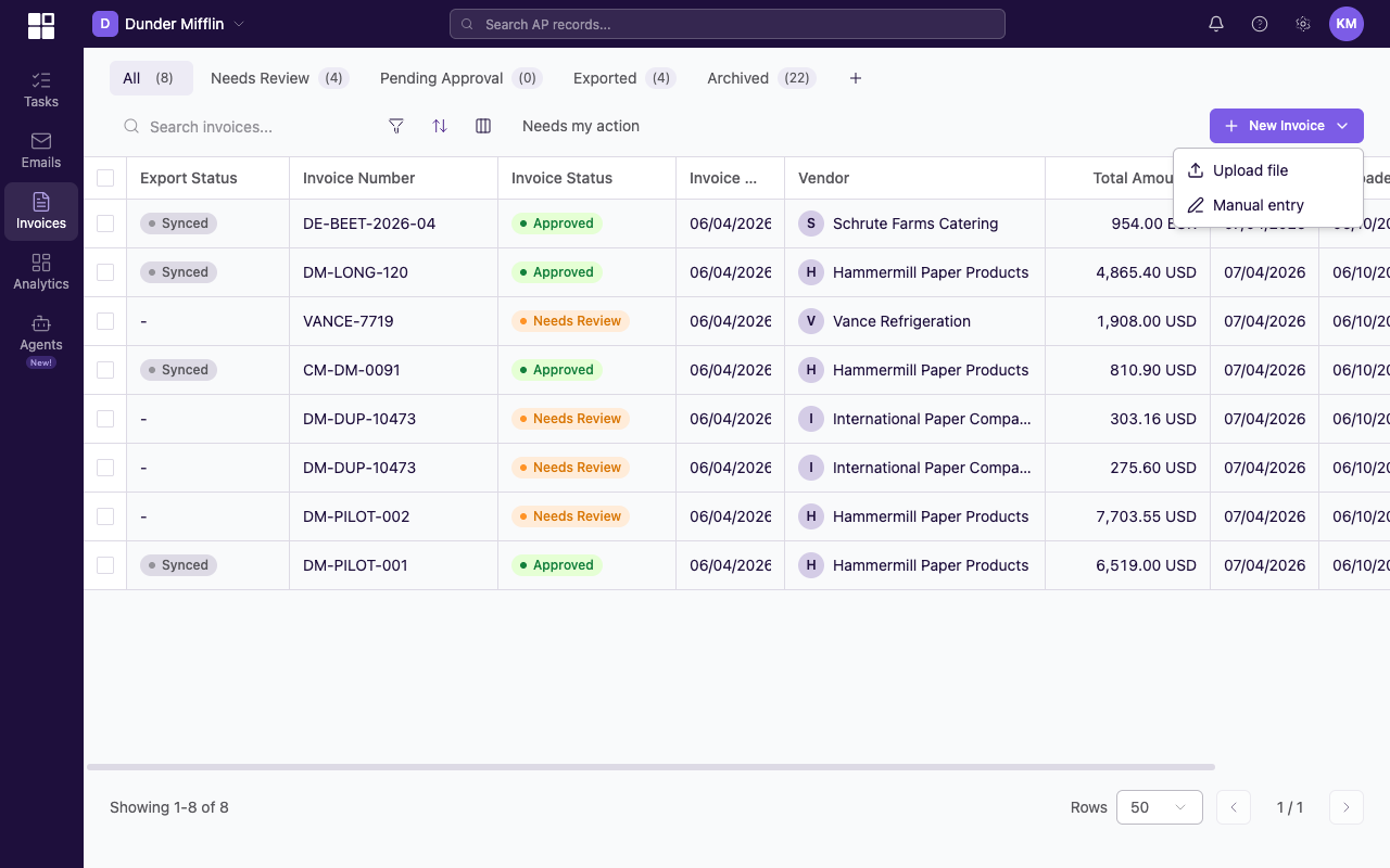 New Invoice dropdown open on the invoices list, showing Upload File and Manual entry options