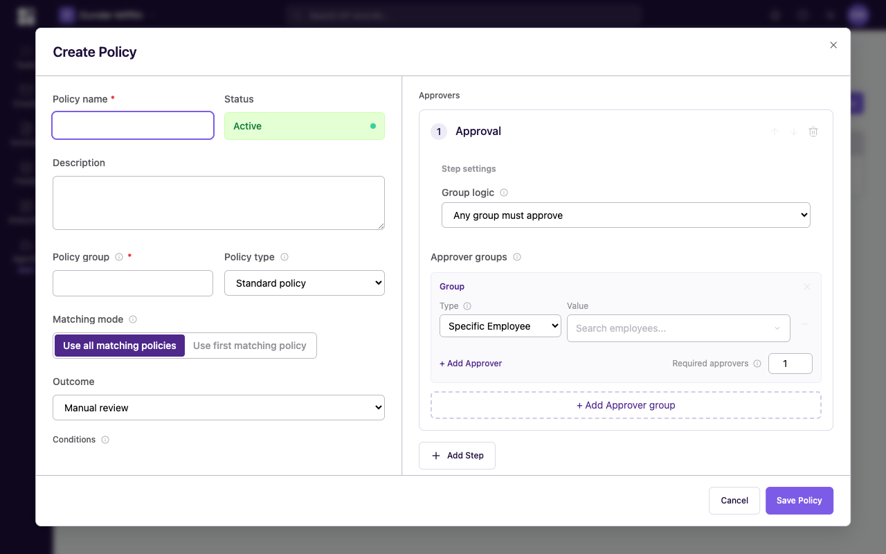 Create Approval Policy dialog with Basic Information, Conditions, and Approval Steps sections plus the Active status indicator