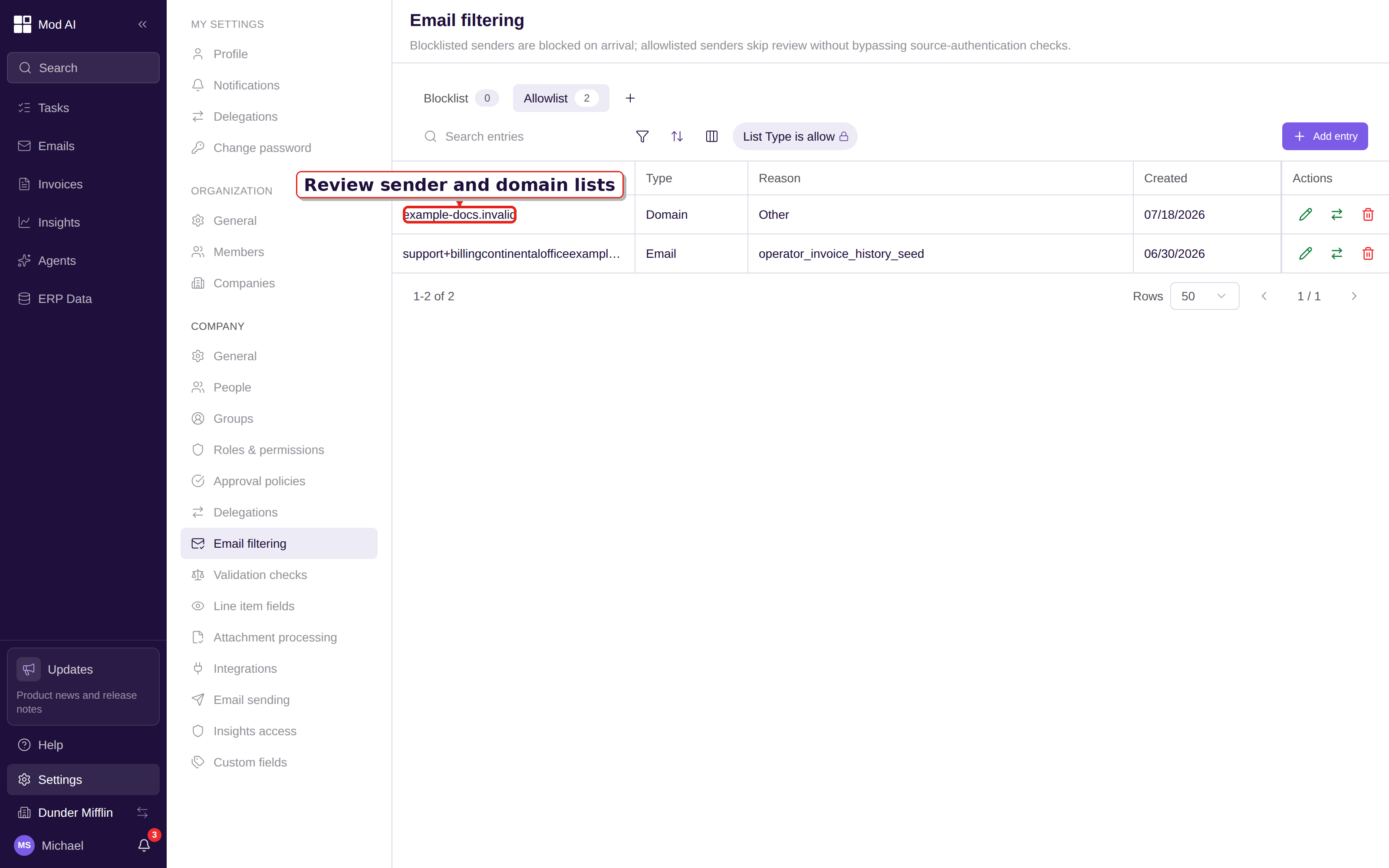 Email filtering settings with sender and domain lists called out