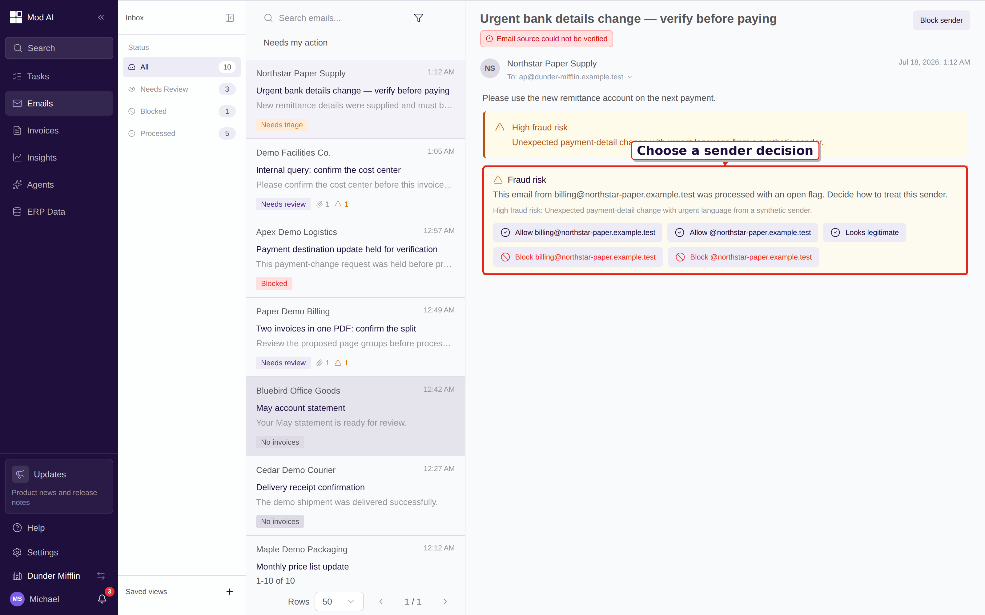 Email fraud review panel with the sender decision controls called out