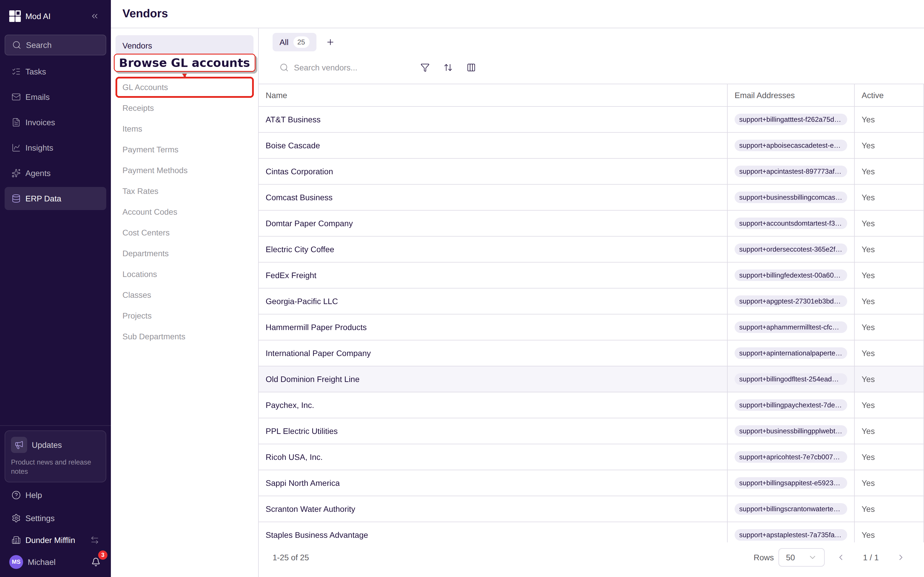 Current ERP Data surface with GL Accounts navigation and populated vendor records
