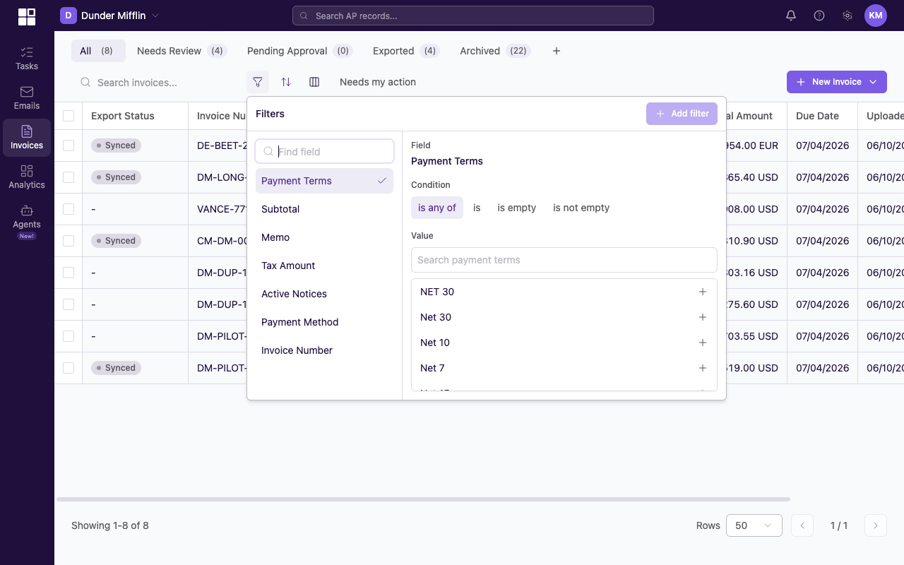 Filter panel open on the invoices list, showing Status, Vendor, and Date Range filter controls