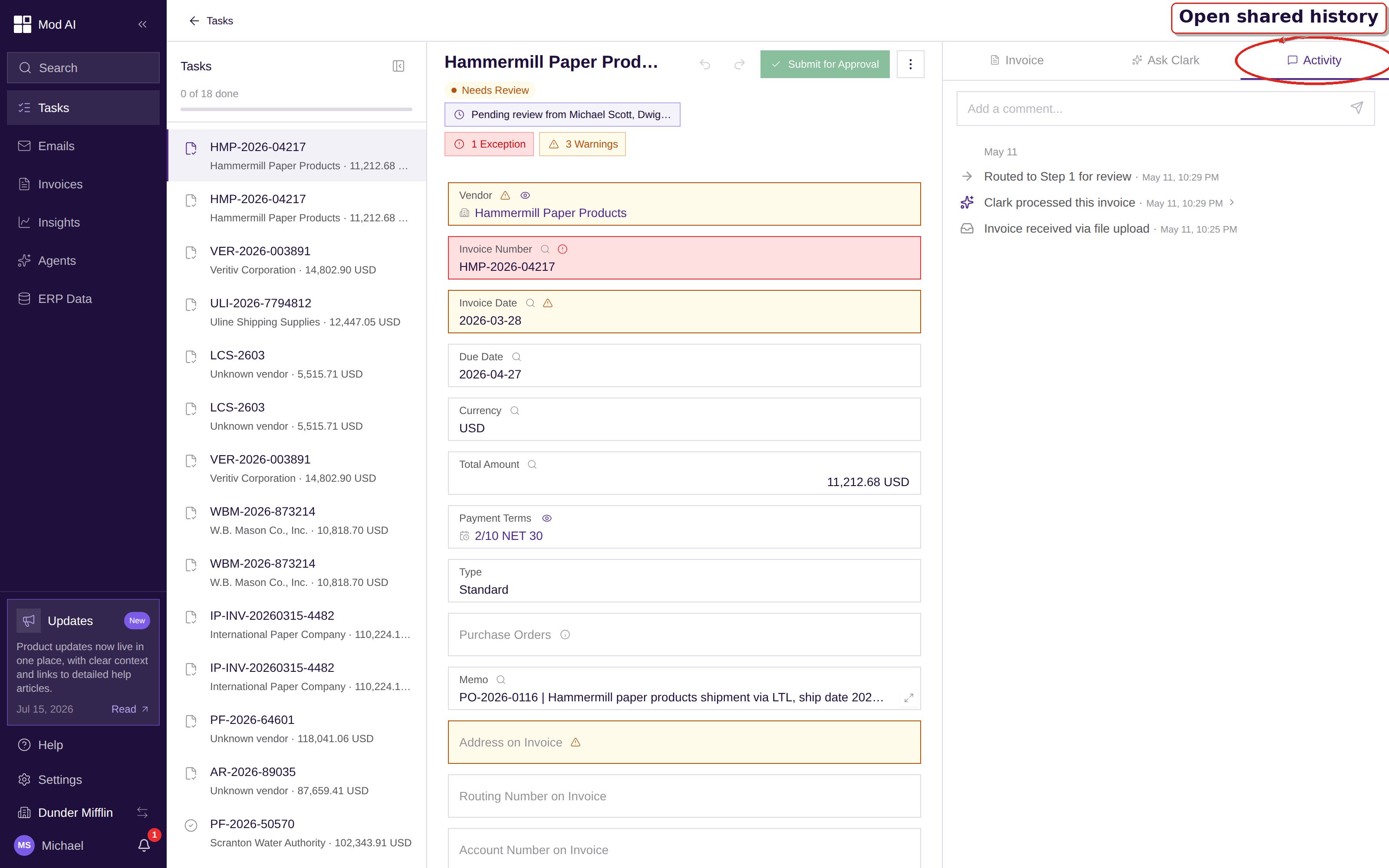 Activity selected in the invoice rail