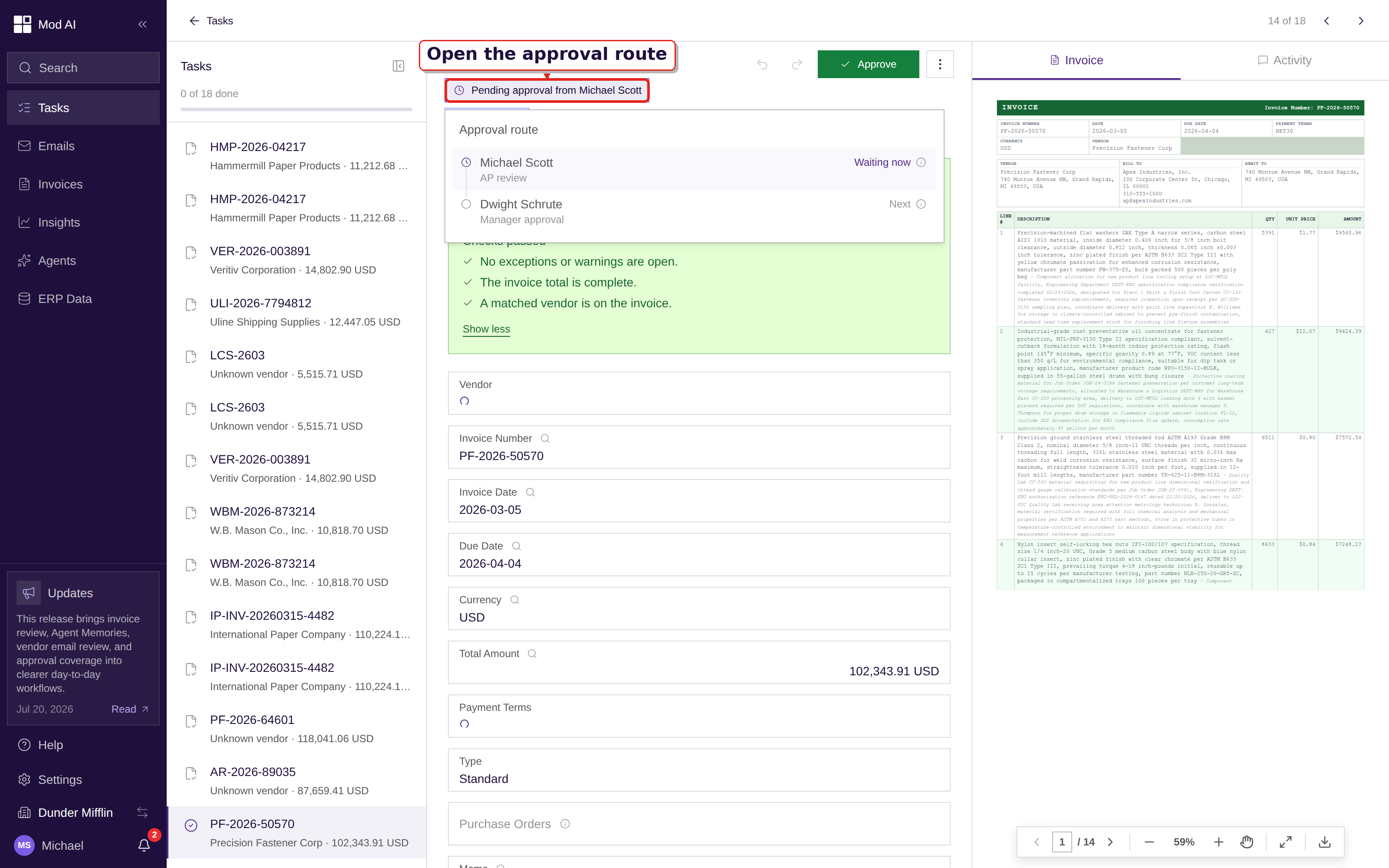 The compact title-area approval status expanded to show the full approval route