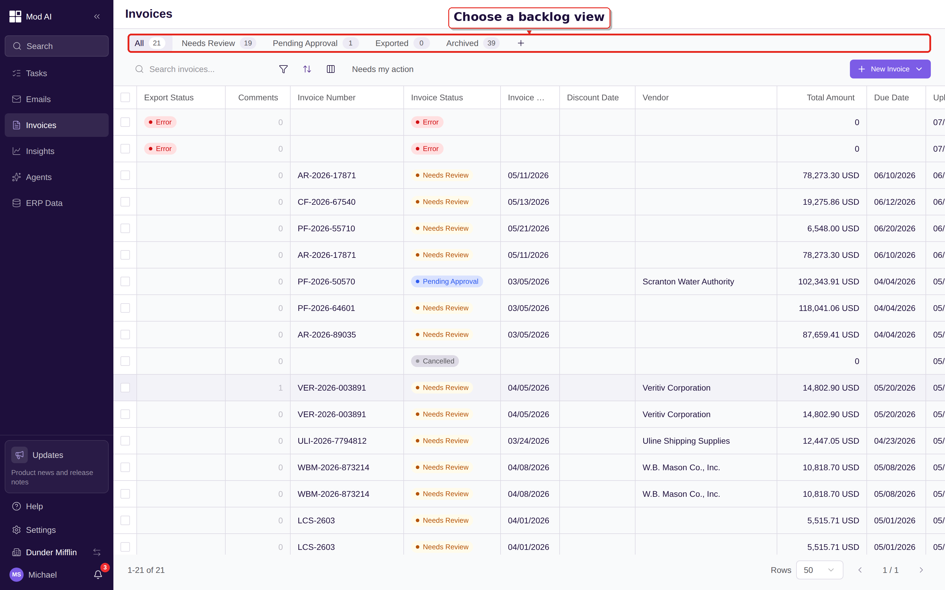 Current invoice backlog showing phase-based tabs above a populated worklist