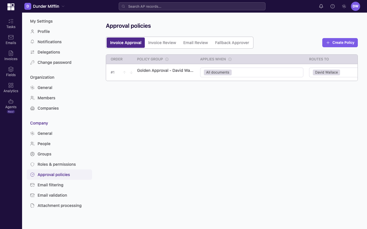 Approval policies list page with existing policies in the table and a purple + Create Policy button in the top-right