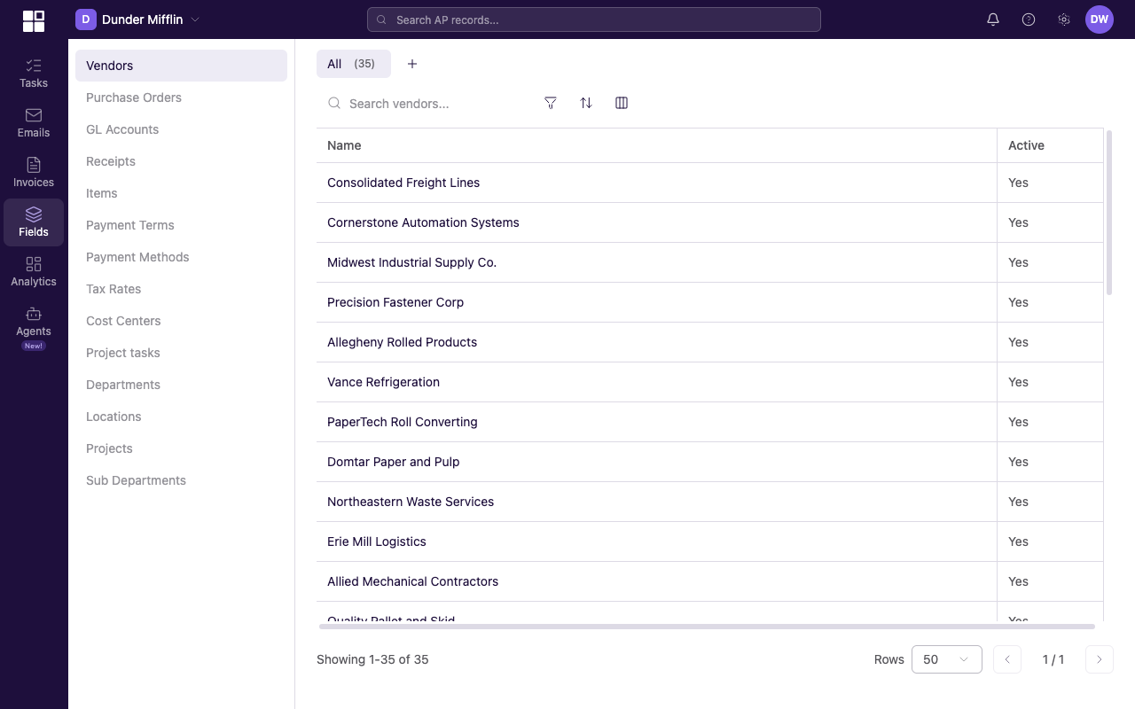 Vendor directory showing realistic vendors with Name, Email, and Active columns