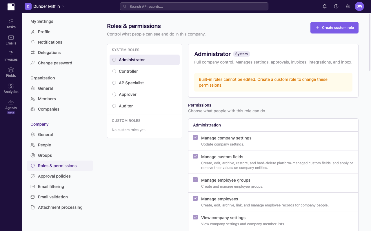 Roles &amp; permissions page showing a role's display name, role key, assignable toggle, description, and permission category list
