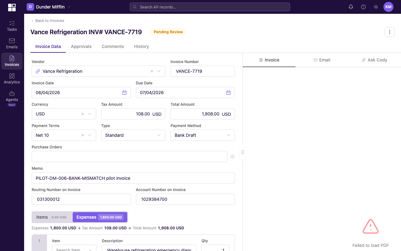 Invoice detail page showing the Purchase Orders field, extracted invoice data, and expense coding rows used during matching review
