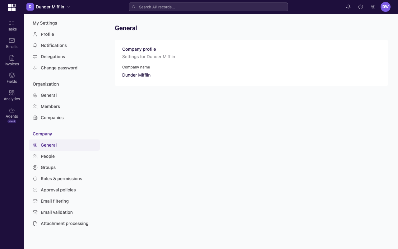 Company General settings page in the three-tier settings nav