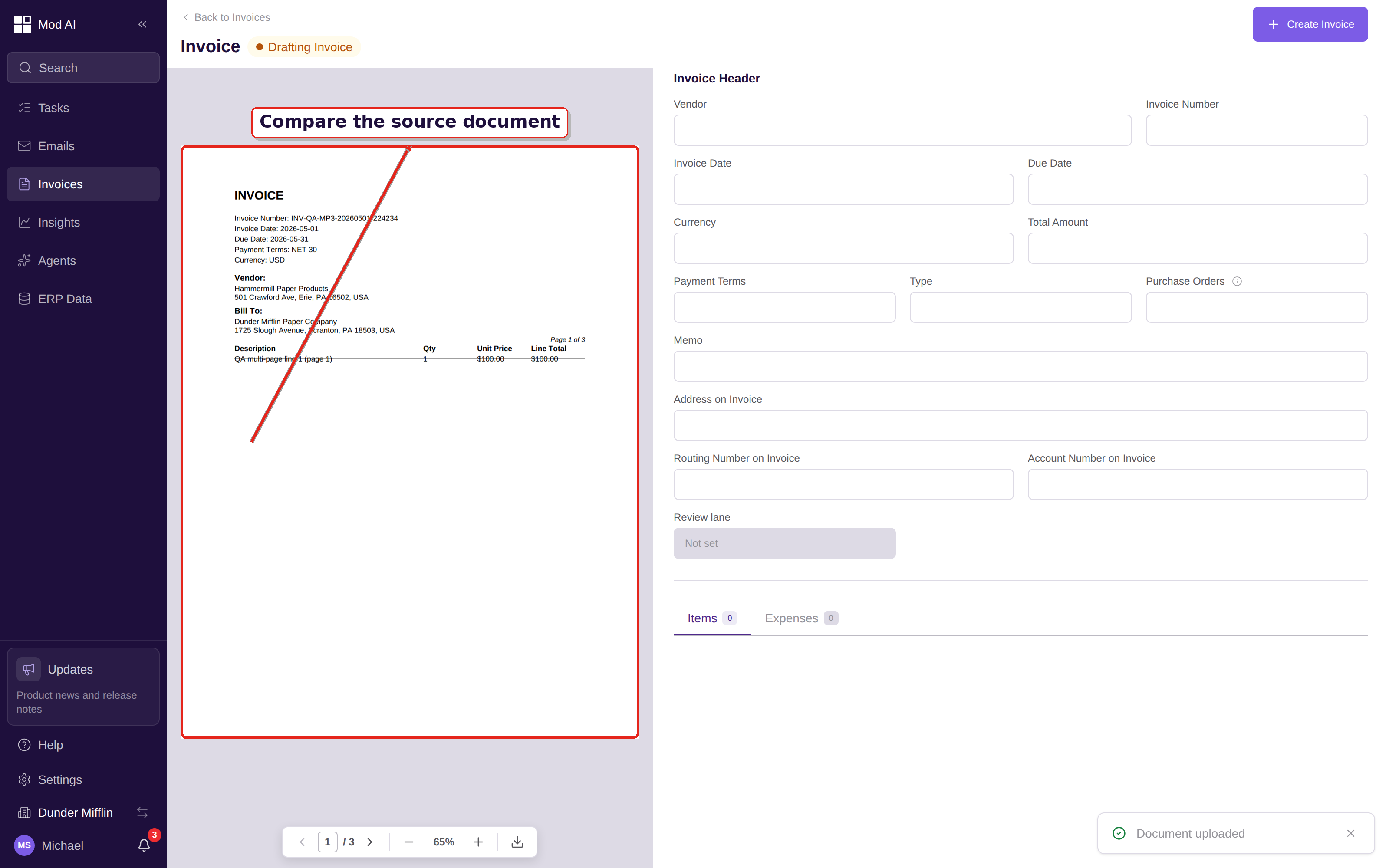 Manual invoice entry with the source document preview and invoice fields visible