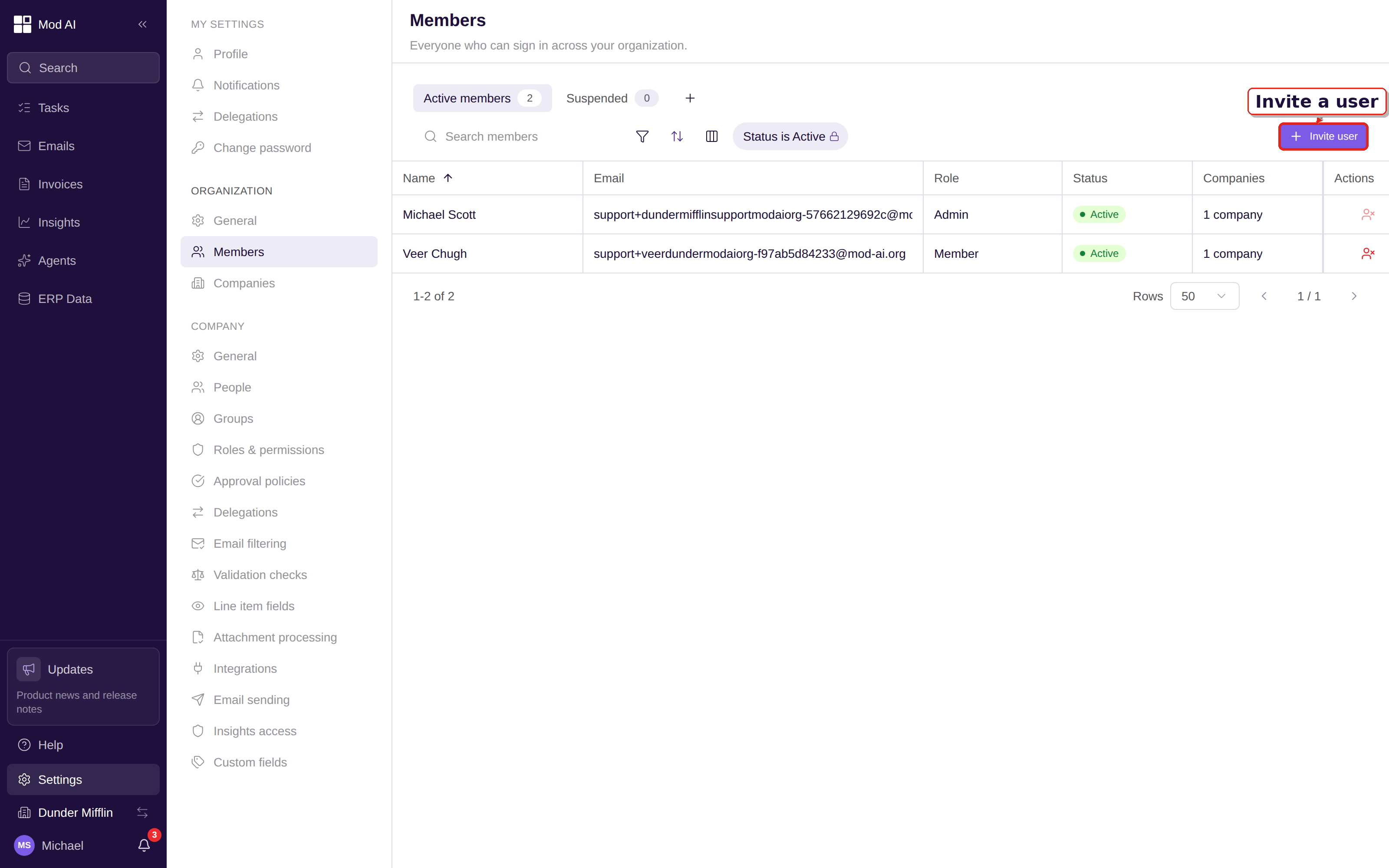 Members page with the Invite user control