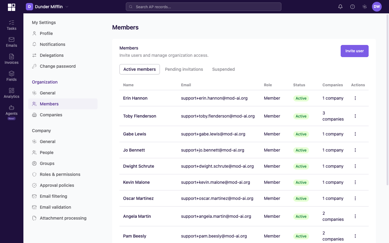 Members page under Settings > Organization, showing the Active members / Pending invitations / Suspended tabs, a member list, and an Invite user button at the top-right