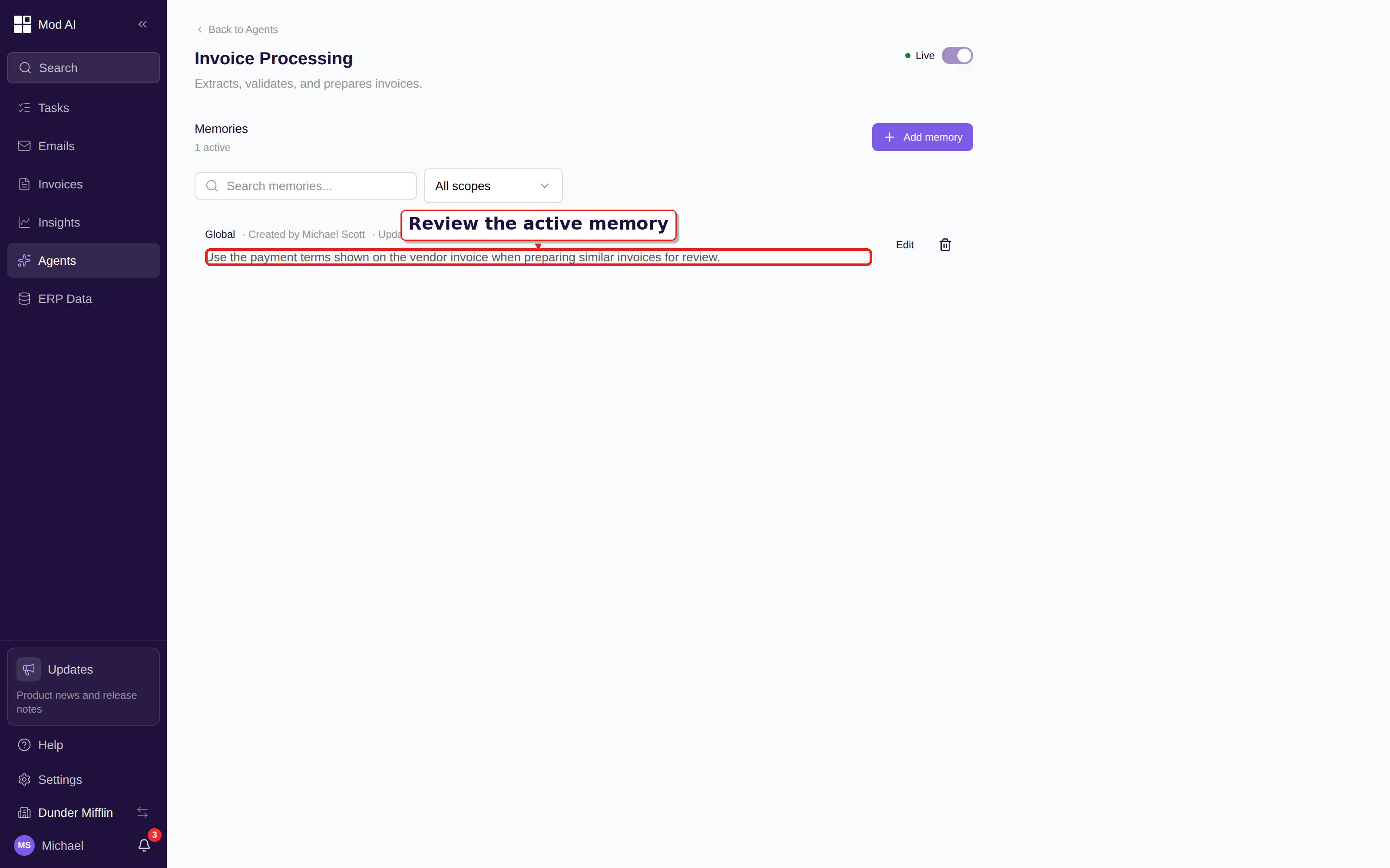 Agent Memories page with an active memory row and its scope and provenance called out