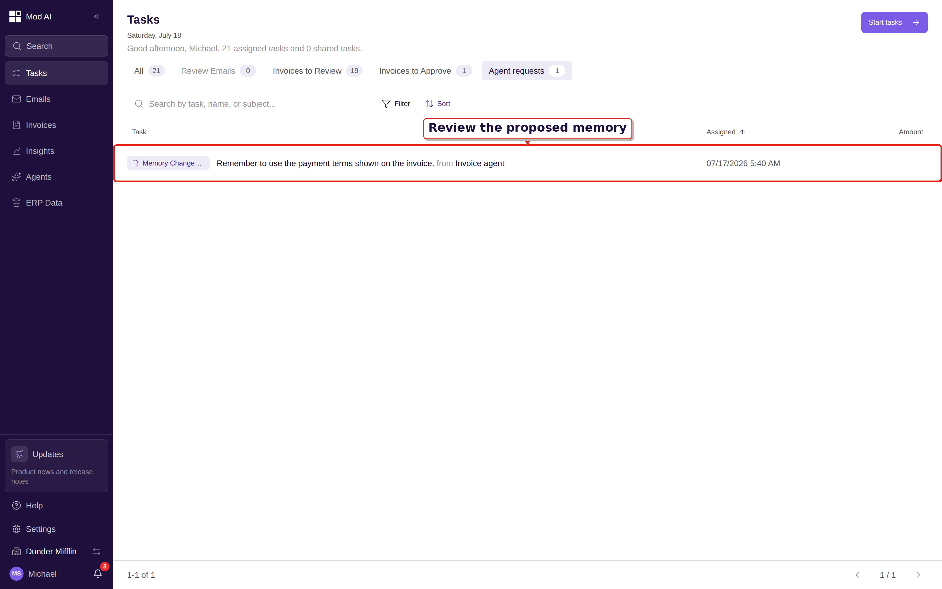 Tasks Agent requests queue with a proposed memory ready for review
