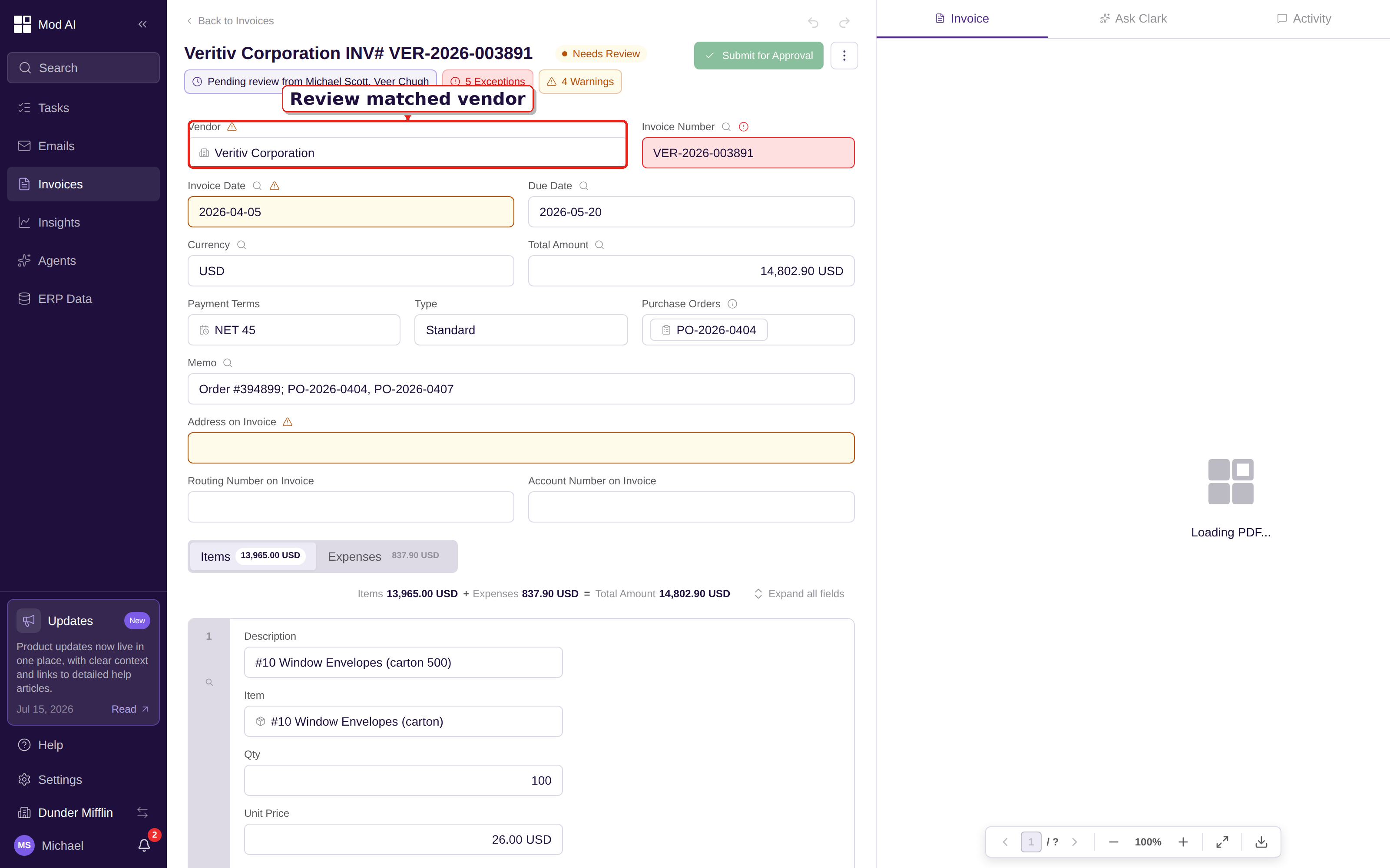 Invoice detail page with the matched vendor field called out