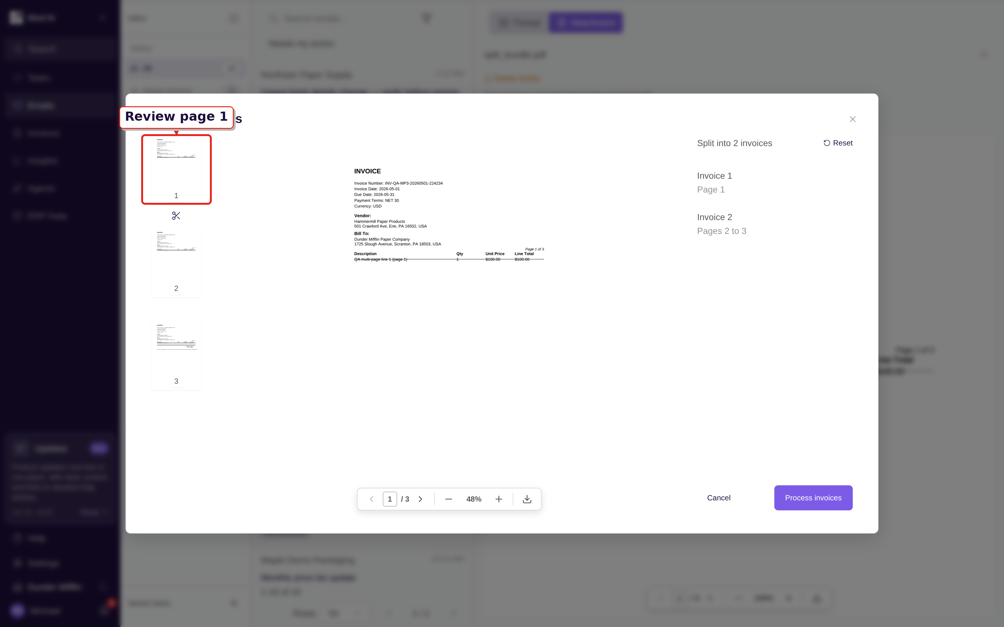 Split-review modal showing real page thumbnails and the proposed two-invoice result