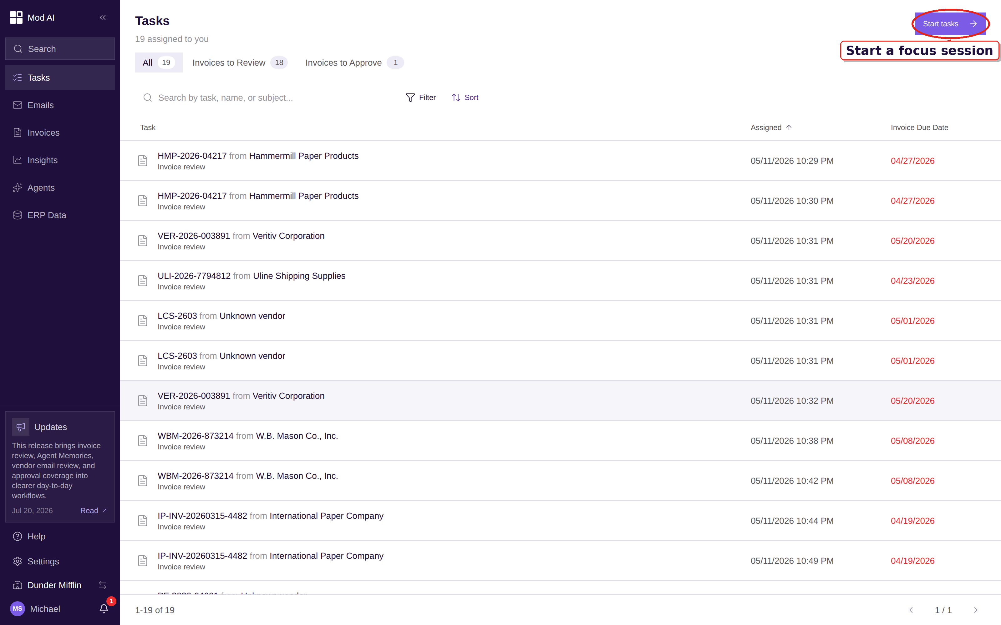 The Tasks list with a workload summary, task-type tabs, and the Start tasks button