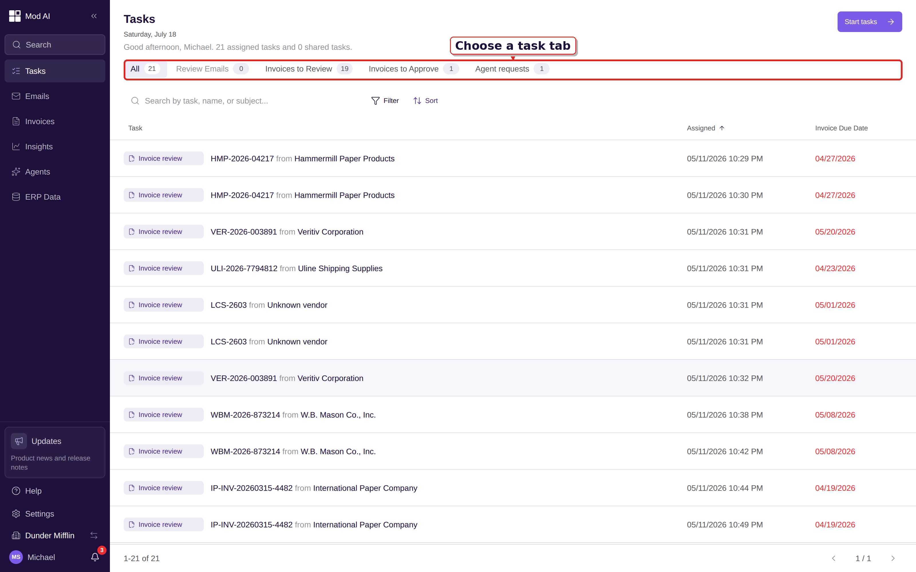 Tasks workspace with the task-type tabs and prioritized queue called out