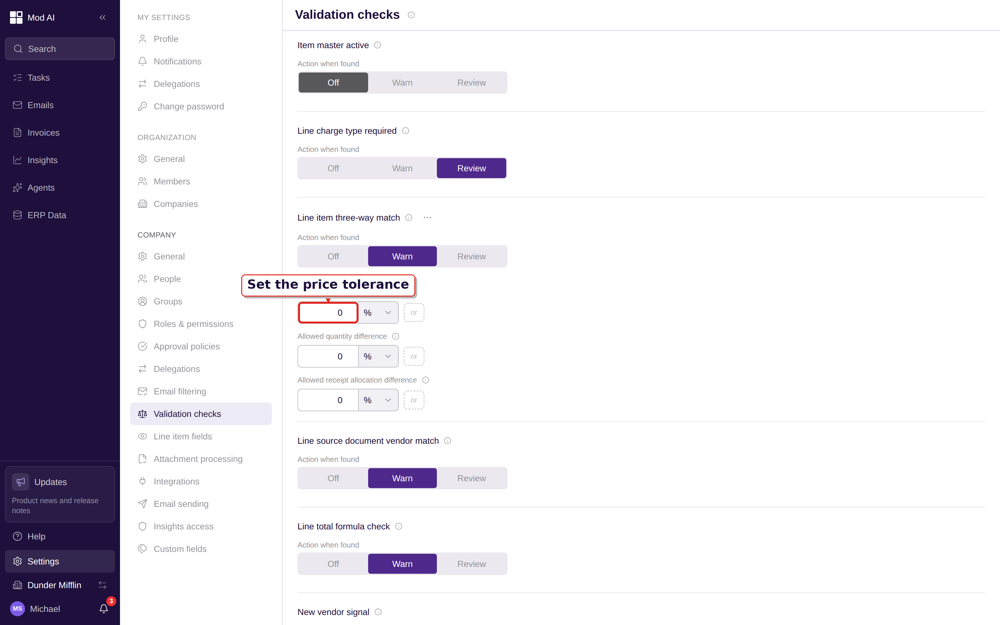 Validation checks settings with the three-way match tolerance controls called out