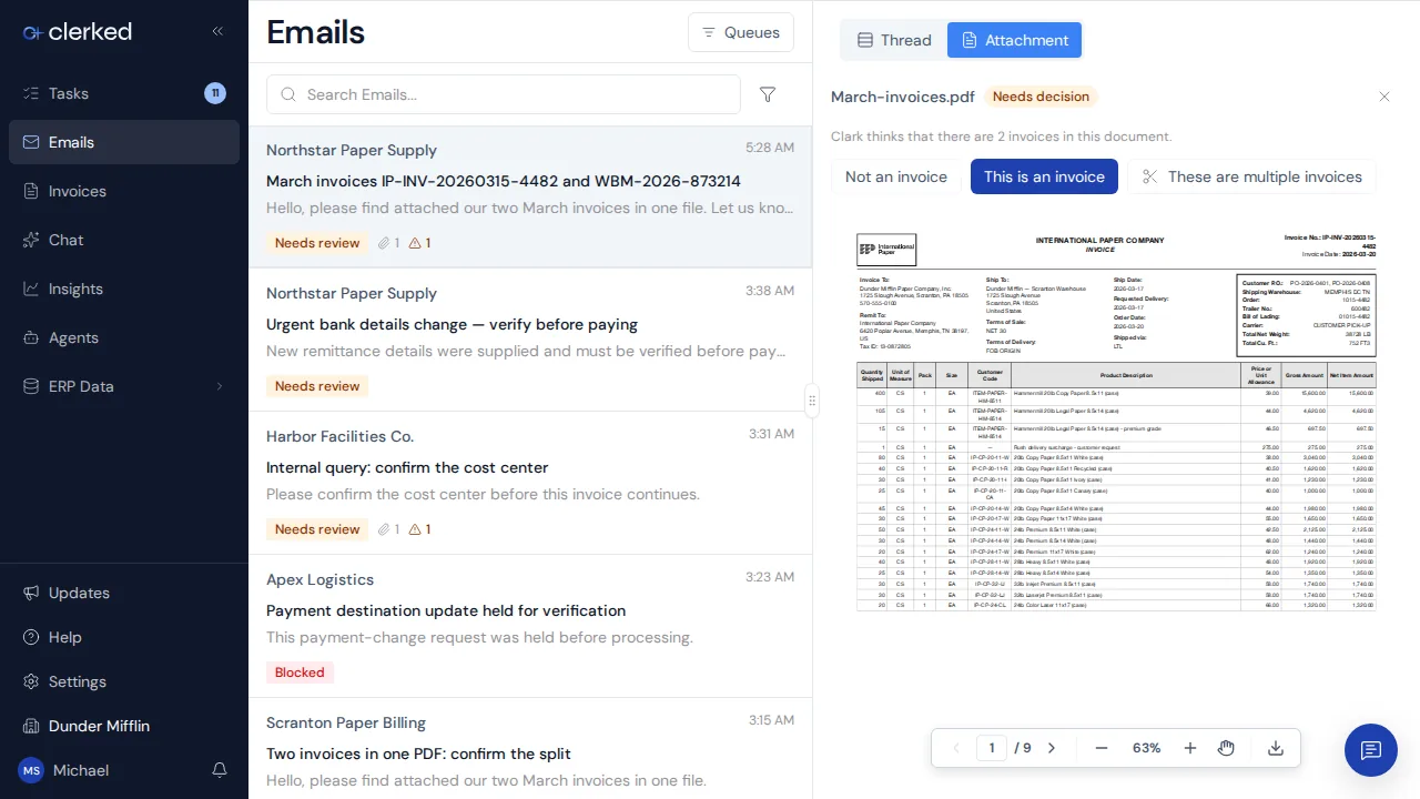 Attachment review workspace for deciding whether a PDF contains invoices