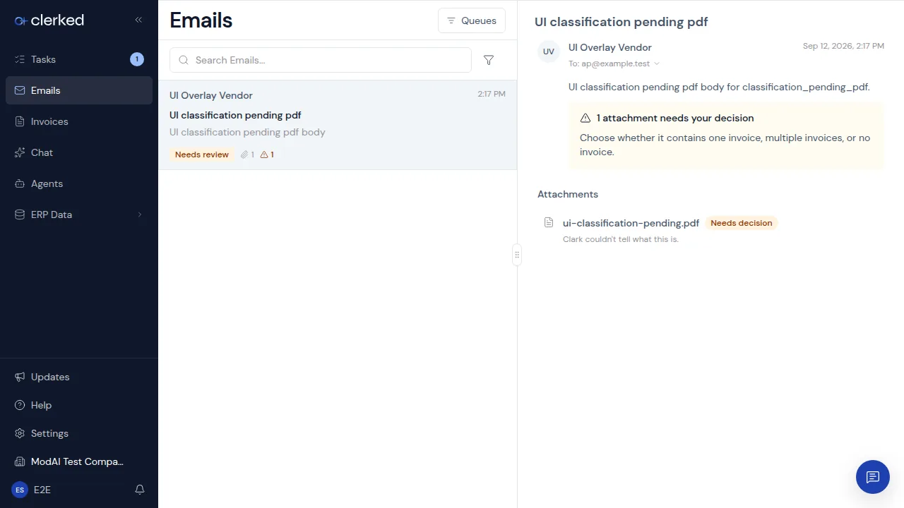 Clerked Emails workspace showing a thread that needs review