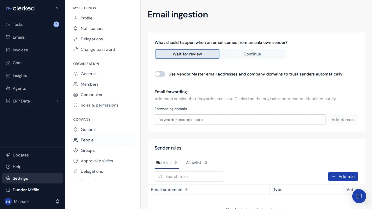 Email ingestion settings for unknown senders, Vendor Master trust, forwarding domains, and sender rules