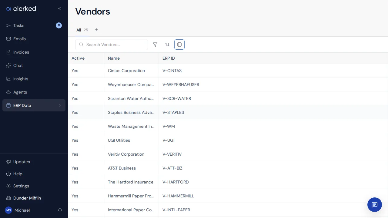 ERP Data workspace with a searchable table of connected records