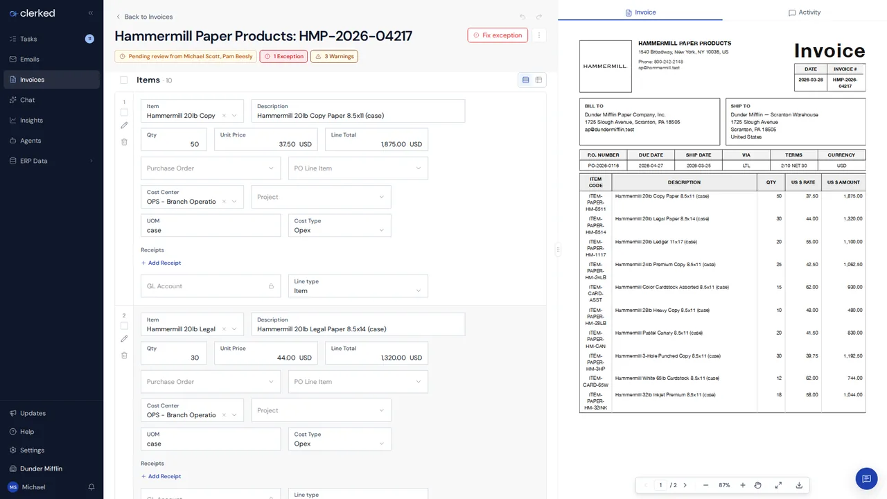Invoice line items in Review view with the view toggle and row actions