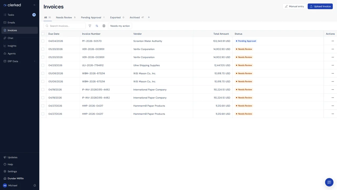Invoices workspace with search, filters, sorting, and invoice rows