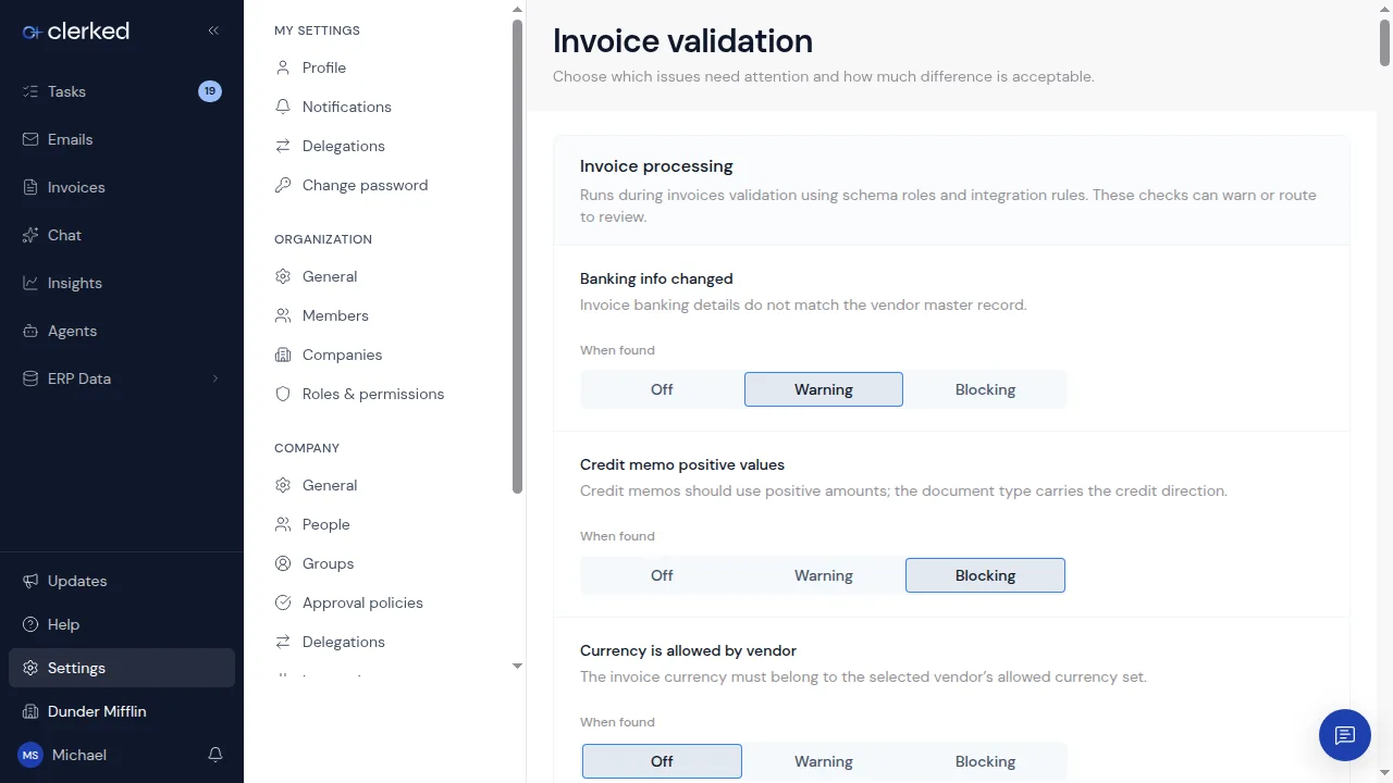 Invoice validation settings with Off, Warning, and Blocking choices